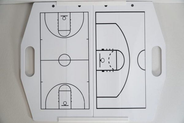 Our unique, portable, foldable basketball coaches dry erase board includes a plastic carrying case, a dual-sided microfiber cloth for cleaning, and dry-erase markers!